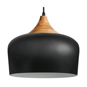 Modern Wood Dome Pendant Light – 12" Black Metal + Solid Wood, Adjustable Length